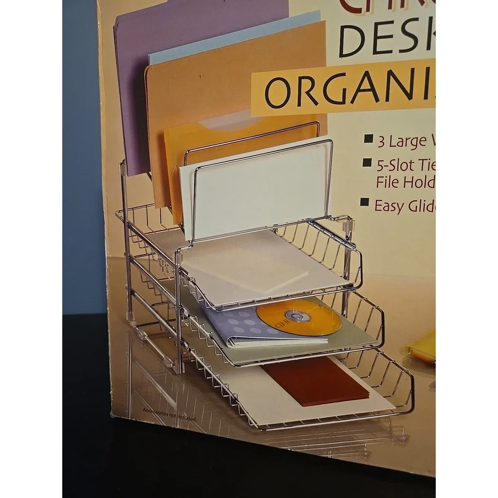 Chrome Notebook Letter Tray 3 Tier Desk Organizer Office Supplies File Folders